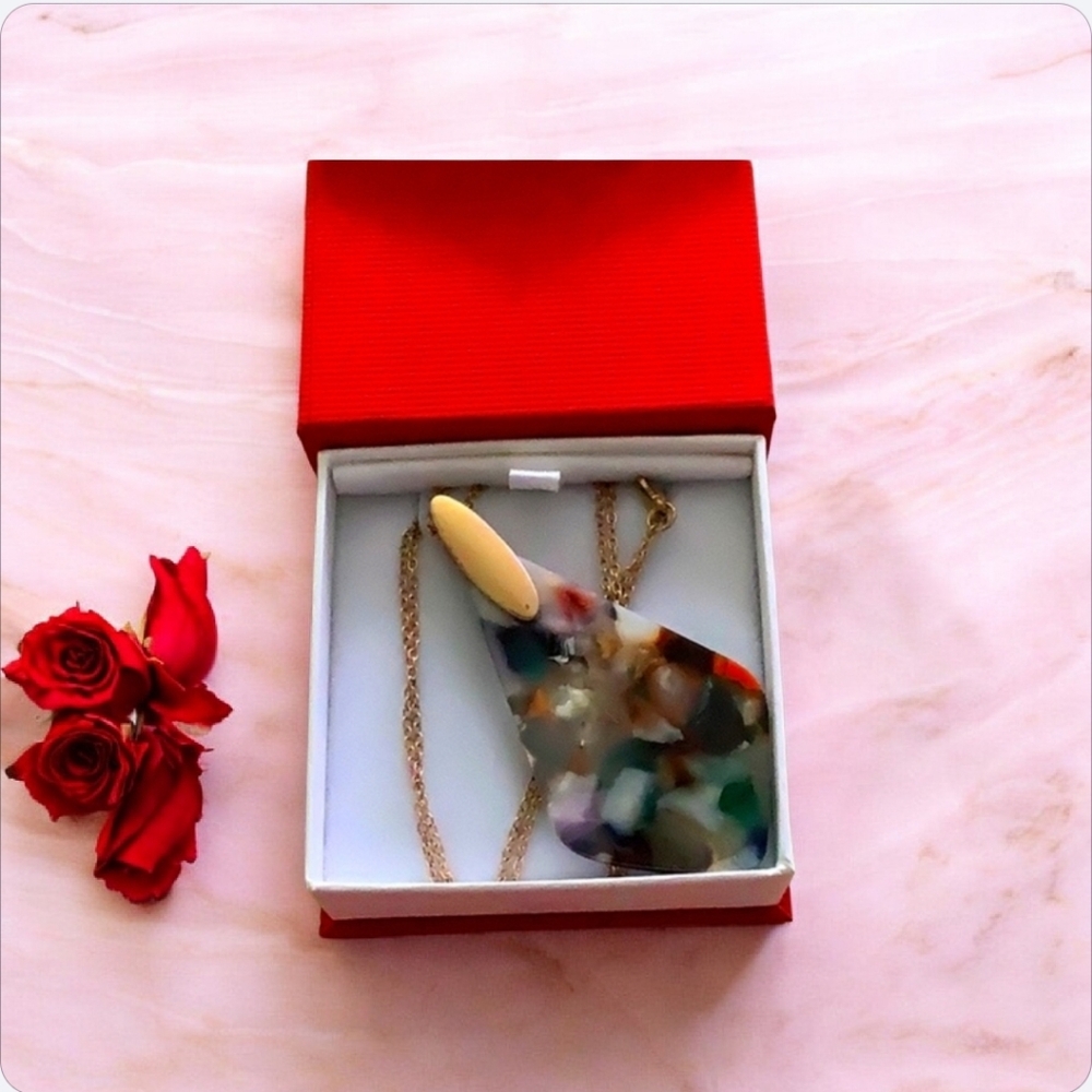 Hand Made Resin Mosaic Necklace with long pendant hard material . Gold Chain